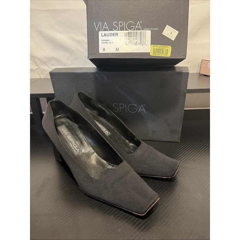 VTG 90's Via Spiga 8M square block heel square toe black shoes Lauder